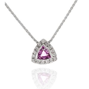 18ct White Gold Trilliant Cut Pink Sapphire And Diamond Pendant