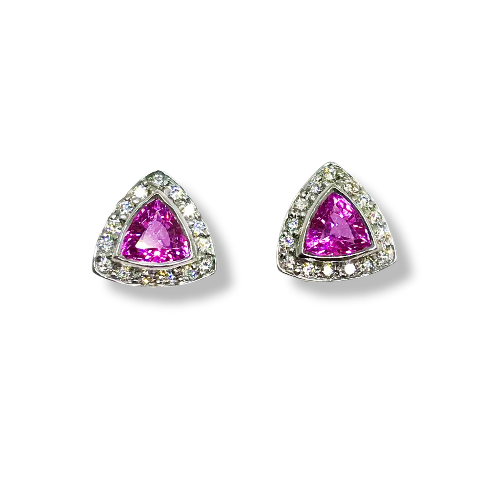 18ct White Gold Trilliant Cut Pink Sapphire & Diamond Earrings