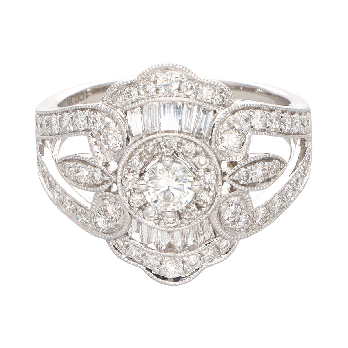 18ct Diamond Baguette & Brilliant Cut Mill Grain Dress Ring