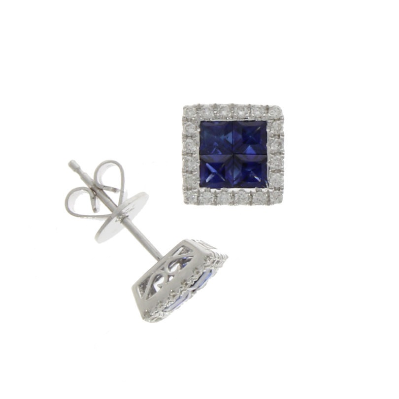 18ct White Gold Sapphire & Diamond Cushion Cluster Earrings