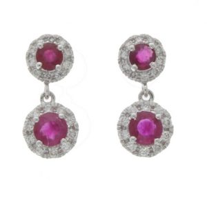 18ct White Gold Double Ruby and Diamond Halo Drop Earrings