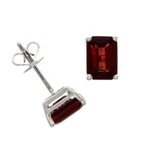 9ct White Gold 7x5 Octagon Garnet Claw Earrings