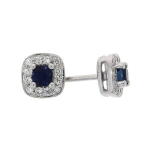 18ct White Gold Cushion Shape Sapphire and Diamond Earrings