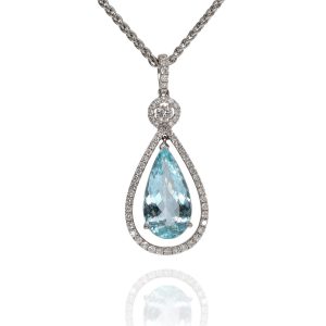 18ct White Gold Aquamarine & Diamond Drop Necklace