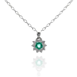 18ct White Gold Emerald & Diamond Cluster Necklace