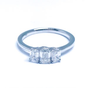 18ct White Gold Emerald Cut Diamond Trilogy Ring