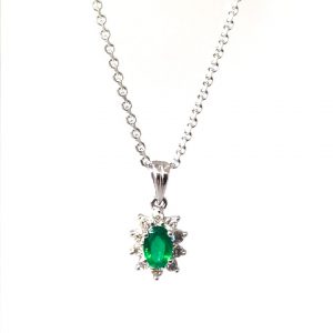 18ct White Gold Oval Emerald & Diamond Cluster Necklace