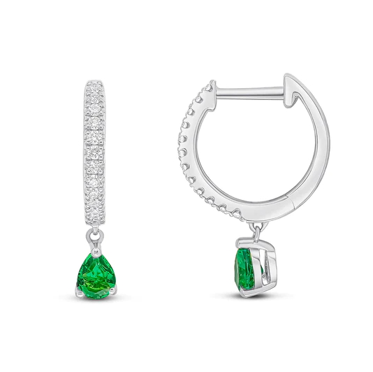 18ct White Gold Diamond Hoop Earrings with Pear Shape Emerald