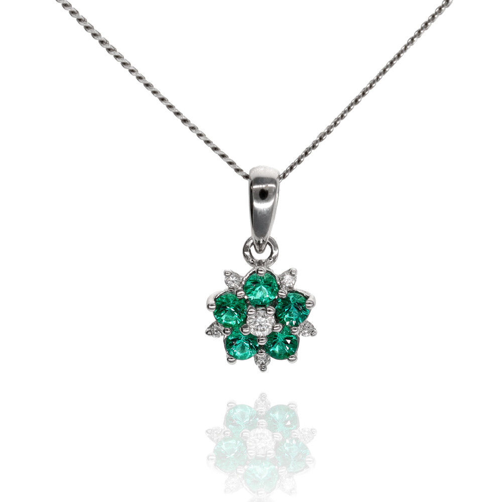 18ct White Gold Emerald & Diamond Flower Necklace