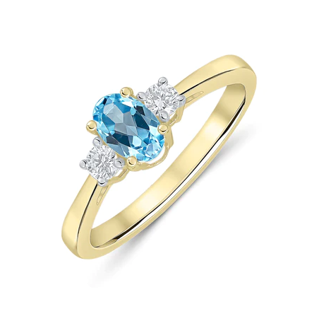 9ct Yellow Gold Oval Swiss Blue Topaz & Round Diamond Set Ring