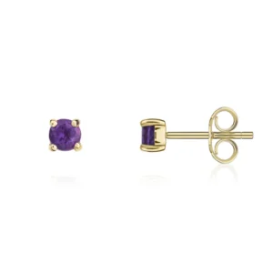 9ct Yellow Gold Round Amethyst Claw Stud Earrings
