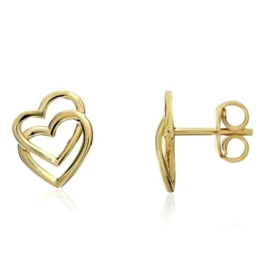 9ct Yellow Gold Double Heart Stud Earrings