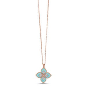 Roberto Coin 18ct Rose Gold Diamond & Turquoise Princess Flower Necklace